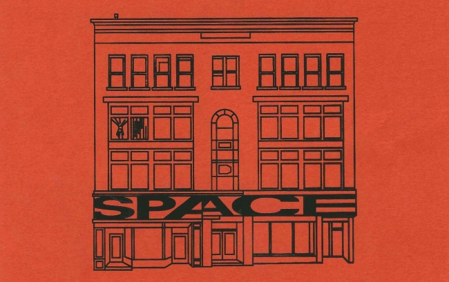 Illustration of SPACE's building, the Durant Block. Black outline on red backdrop.