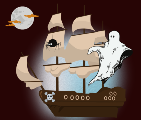 A multi sail ship with a moon, a ghost, and a spider