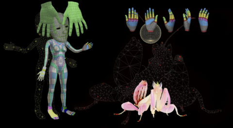 Set against a black background, a multicolored figure, a pink praying mantis, and several disembodied hands create a surreal scene of digital artwork