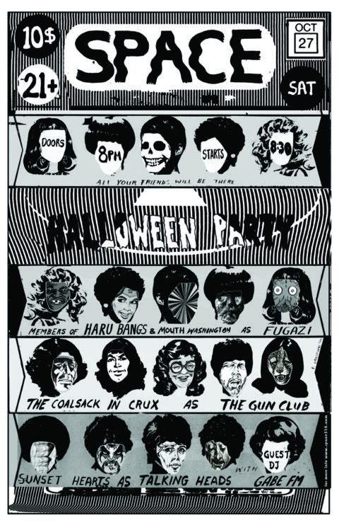black and white promotional poster for a halloween party
