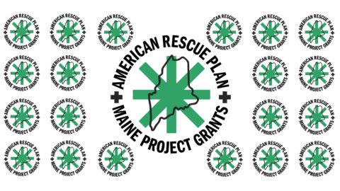 A logo with a green minimalist asterisk over an outline of the state of Maine that reads: "American Rescue Plan Maine Project Grants"
