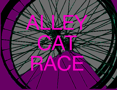 Magenta text of Alley Cat Race against a photo of bicycle wheel spokes