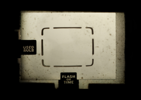 An image through the viewing scope of some photographic device with the text "Used Bulb" and "Flash on Time" on the periphery of a framing window.