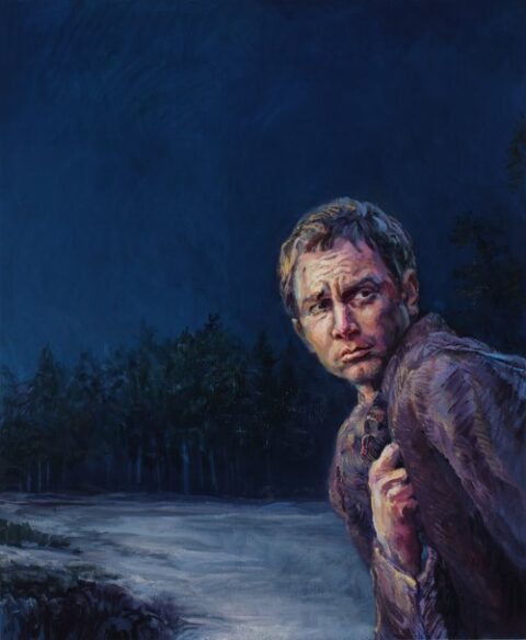 painting of a man in a snowy landscape at night