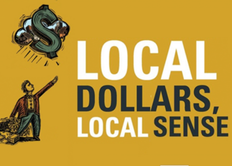 A graphic for Shuman's book Local Dollars, Local Sense with a cartoon figure throwing a large green dollar sign