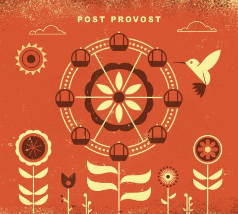 Album art in orange with a ferris-wheel like flower illustration and a humming bird