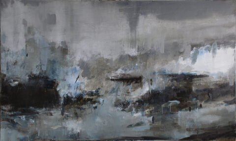 Abstract painting with shades of gray, blue, white, black, and brown.
