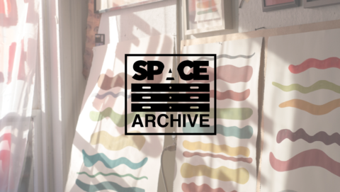 Photograph of paintings by artist Kimberly Convery hanging on a wall with 'SPACE Archive' logo overlay.