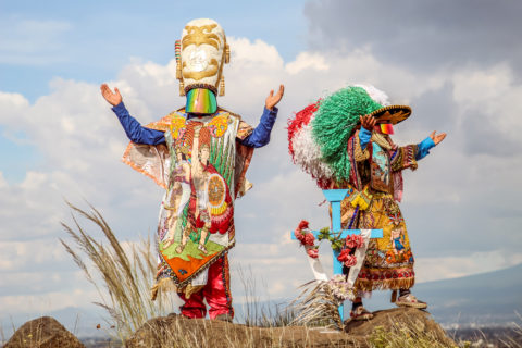 An image of two brightly colored figures in a ceremonial costume with grasses in the foreground against a cloudy sky.