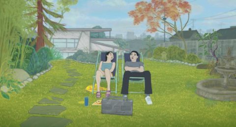 drawing of two people sitting in lawn chairs with a boombox in front of them