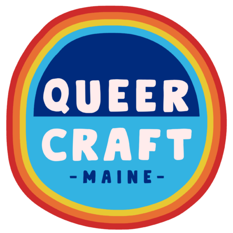 a digitally rendered logo for Queer Craft Maine has an outer shell of red, orange, yellow and blue and two shades of blue on the interior