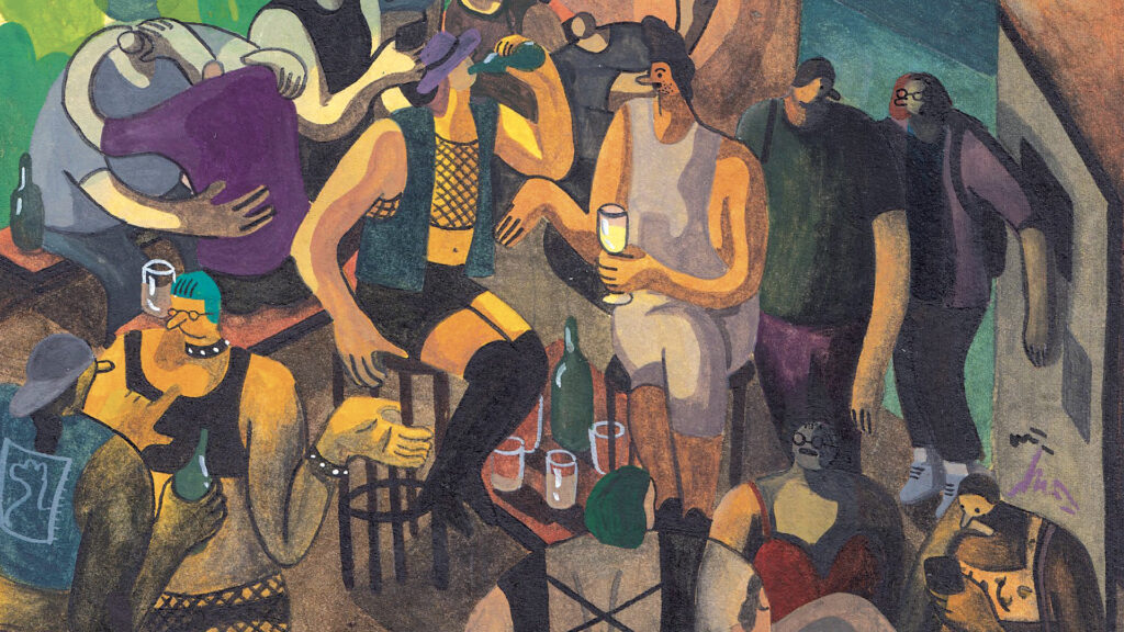 An illustration of figures with stylized small heads talking at a bar over drinks by Tommi Parrish.