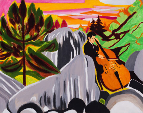 colorful painting of a man paying the cello among boulders outdoors