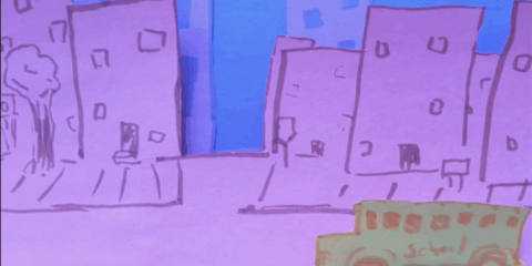 Still from a Jordan Singh green screen animation video. Purple cardboard building, against a blue cityscape. A yellow bus drives by.