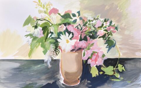 Watercolor still life of flowers in a tan vase
