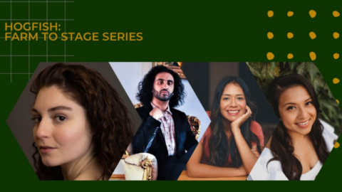 Flyer for LatinX voices with hogfish, featuring four headshots against a rich green background.