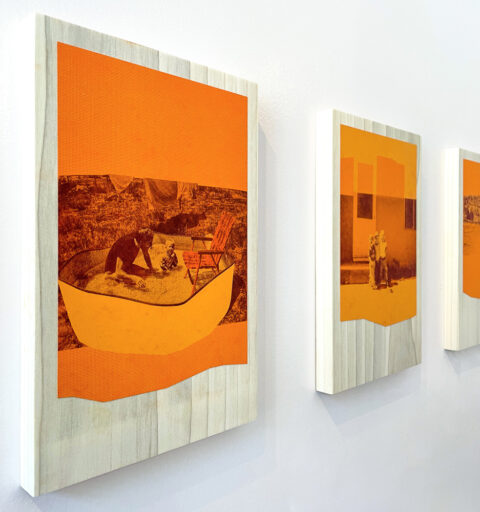 Three prints with image renderings in orange tones hanging on a white wall