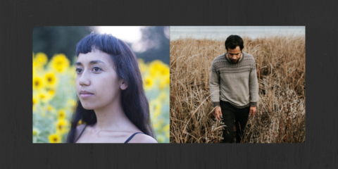 two images show a close up of singer haley hynderickx against a background of yellow flowers and a photo of max garcia conover walking in nature