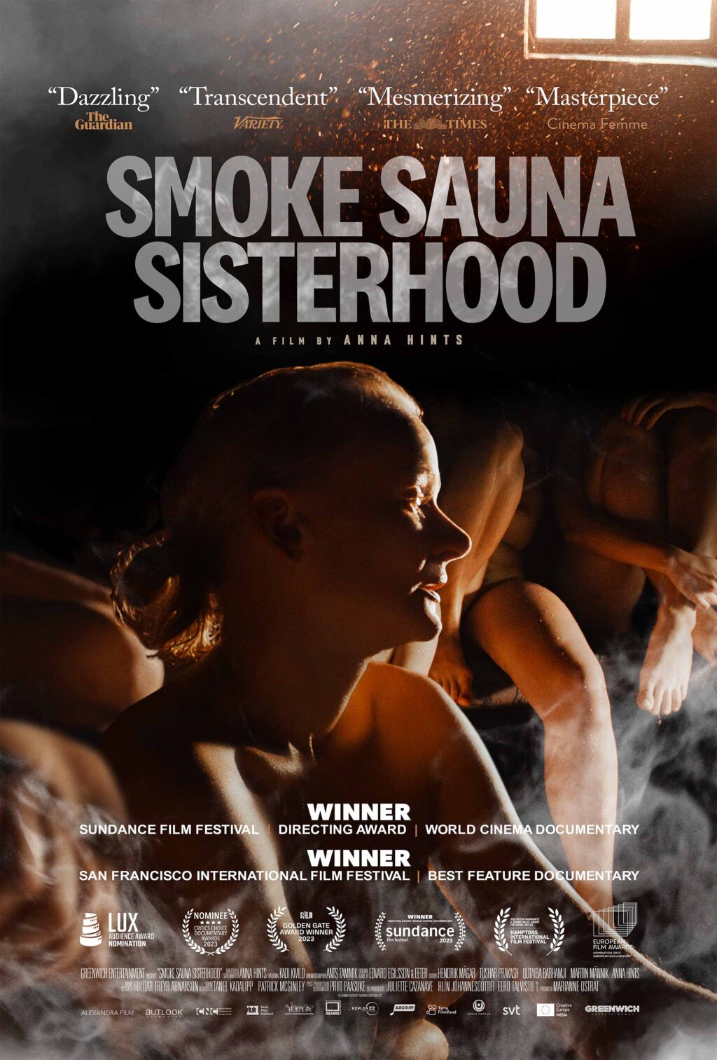 a film poster showing someone sitting in a sauna with their hair puled back, with the films title "smoke sauna sisterhood" in the forefront of the image