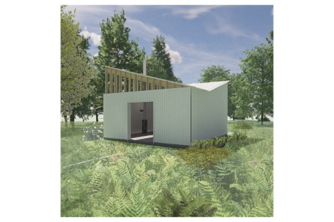 an artist rendering of a studio space situated on the grass
