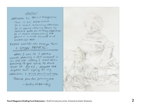 an image of a draft introductory letter with writing and artwork by Sasha Wizansky, pencil on paper, 12" x 9", 2023 and 1990.