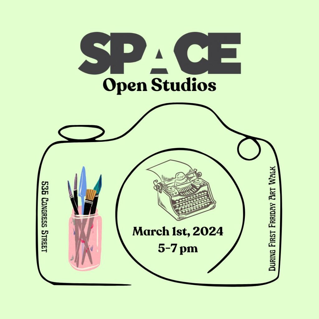 A mint green promotional image with a camera, typewriter, and paint brush icon advertising the open studios on March 1st. 