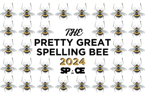 A flyer that features an images of bees for the Pretty Great Spelling Bee.