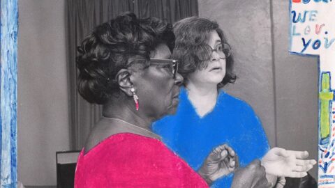 A digitally treated photography of Nellie Mae Rowe, an older Black woman in a bright red shirt, and another woman, white, with a blue shirt, looking off screen. The image is bordered by colored pencil drawings by Nellie Mae Rowe