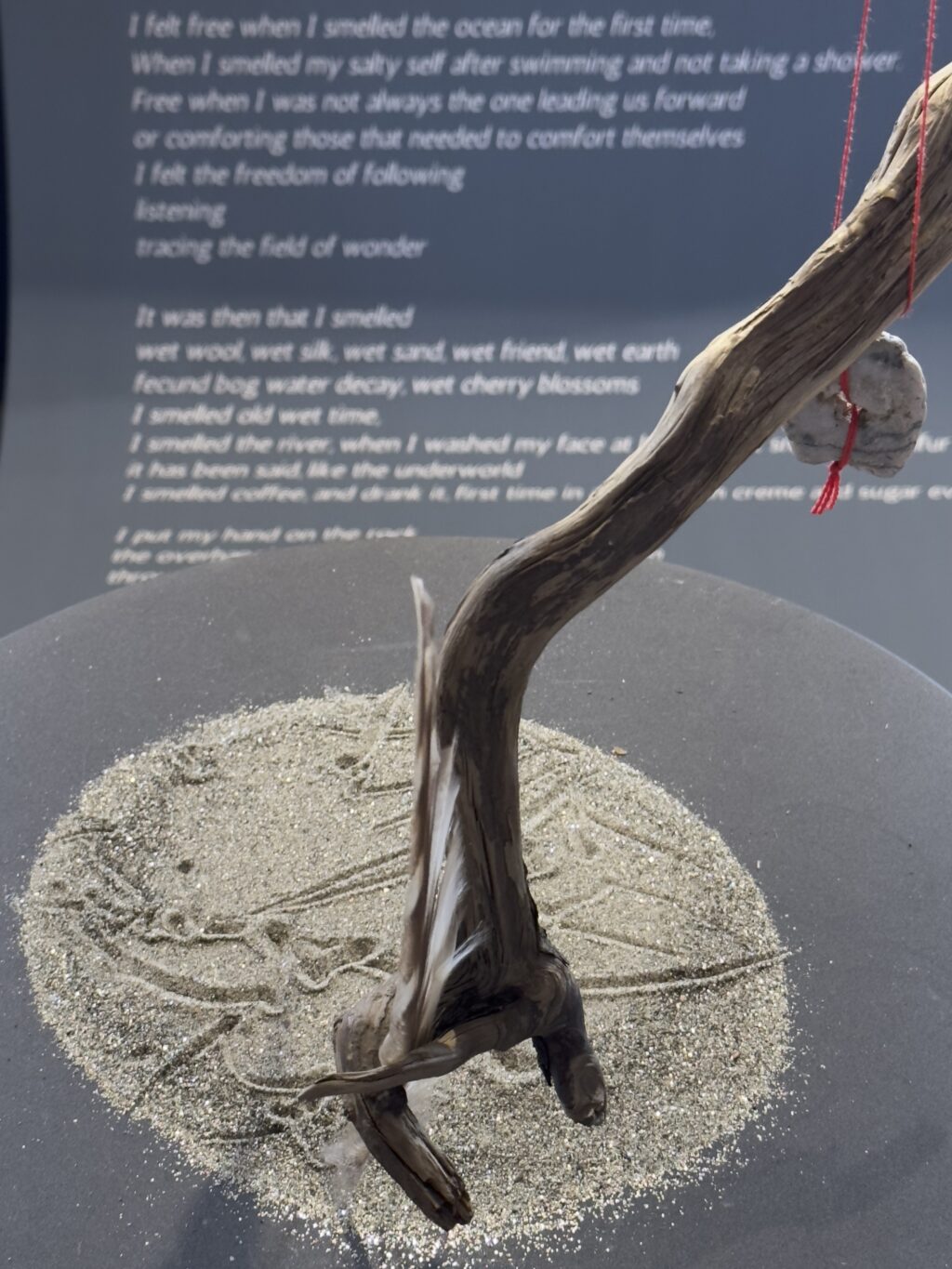 A photograph of a feather attached to a stick pointing down at a pile of glitter and sand with a poem on the wall behind it.