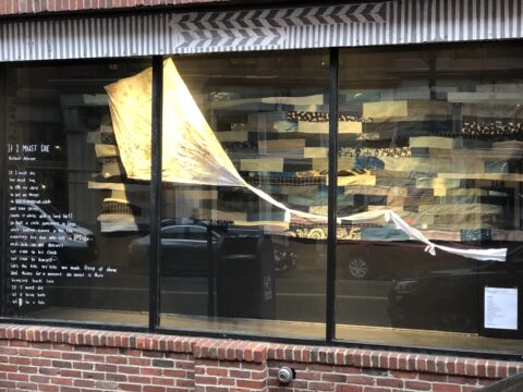 A photo of Katherine Ferrier's installation in the SPACE Window Gallery from March 1-10, 2024, includes a poem by Refaat Alareer
