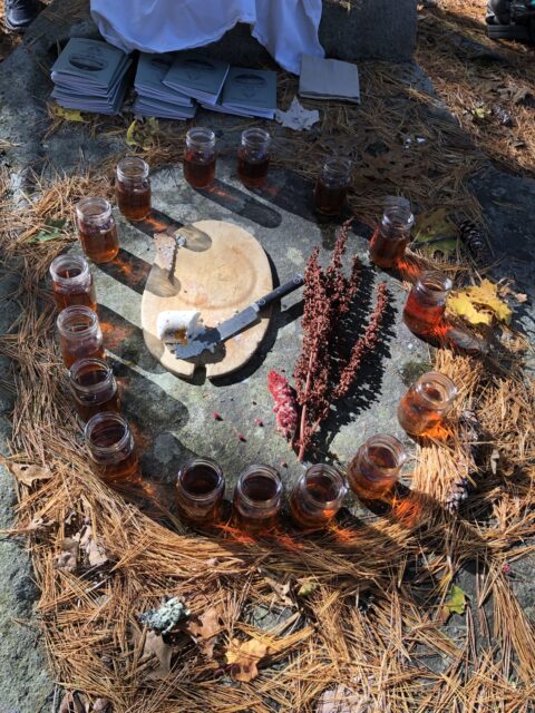 Several glasses of tea are placed around the edge of a stone tablet set on a ground among a cluster of pine needles