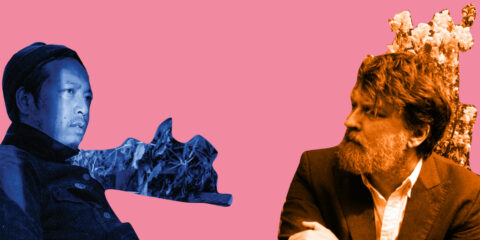 Rough cut outs of Tashi Dorji and Ben Chasny tinted blue and brown respectively, against a Pepto Bismol pink backdrop.