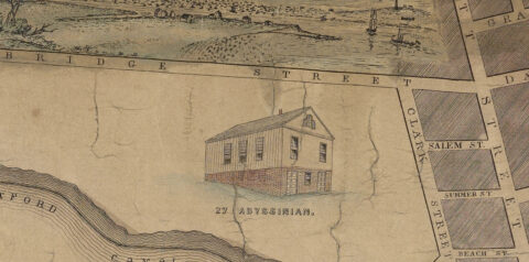 A drawn image of the Abyssinian Meeting House in a legend on an historical Portland city map from the 19th century