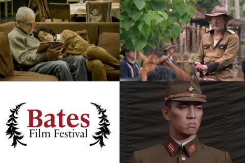 A digital composite image of film stills from The Eternal Memory, Amigo, and Merry Christmas, Mr. Lawrence with a Bates Film Festival logo