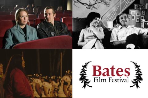 A digital composite of stills from the films Fallen Leaves (2023), Family Portrait Sitting (1975) and We Are the Warriors (2023), with the Bates Film Festival lolo