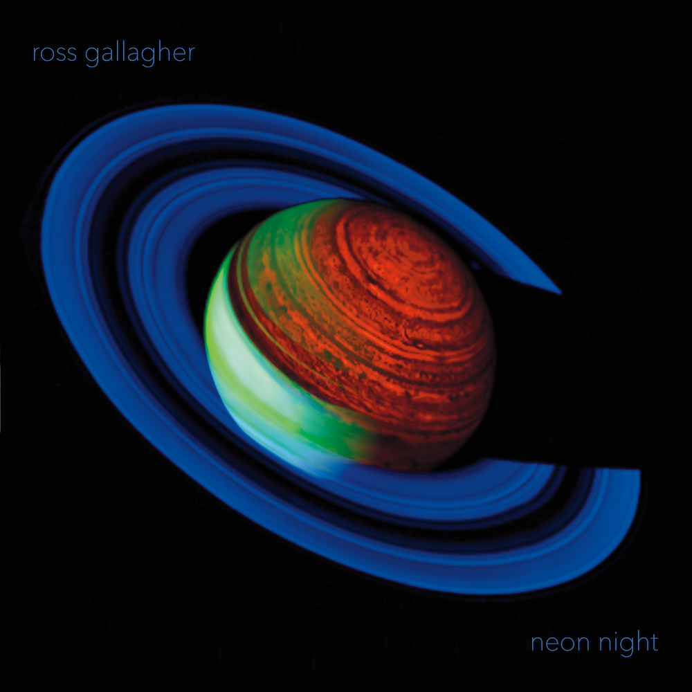 Album art for Ross Gallagher's neon night record. A neon saturn-like planet with deep blue rings. 
