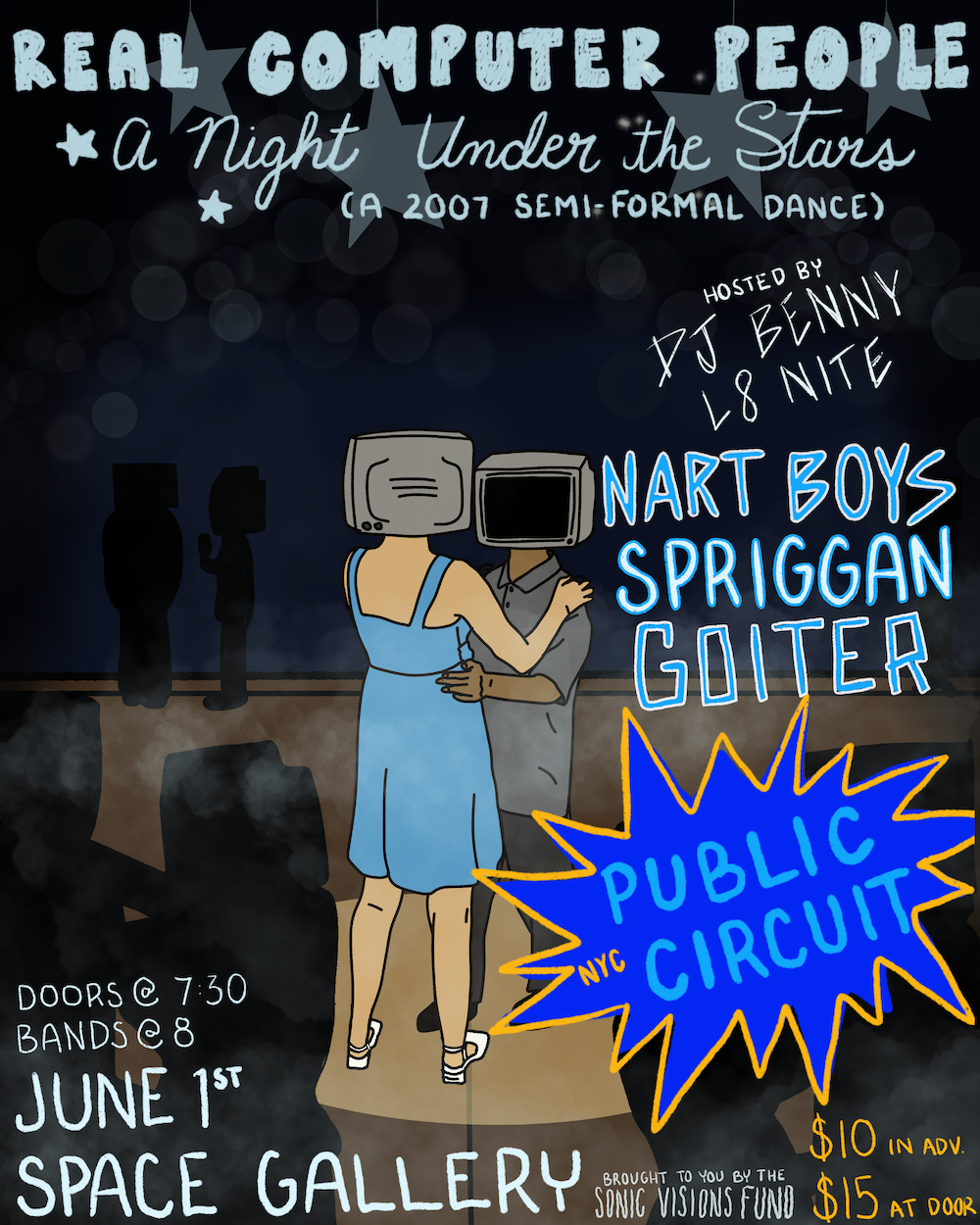 A poster for Real Computer People: A Night Under the Stars (A 2007 Semi-Formal Dance). A couple is awkwardly slow dancing in the middle of a hazy school gymnasium. Their heads are desktop computers. 