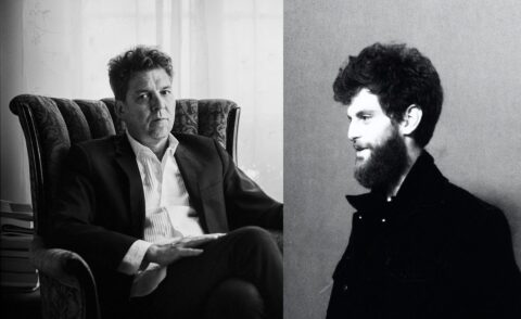 A diptych of Joe Henry and Ross Gallagher, both in black and white. Joe, at left, is reclining on a regal leather, stiff-back chair, as if in some smokey parlor of an opulent Victorian. Ross is shot in profile, washed out in light, like a silent film star.