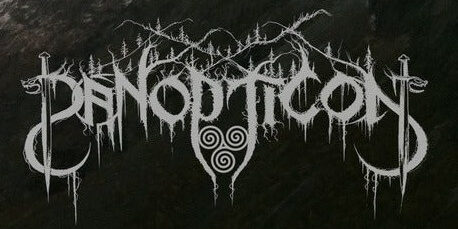 Panopticon's very metal logo superimposed on a rocky mountainside.