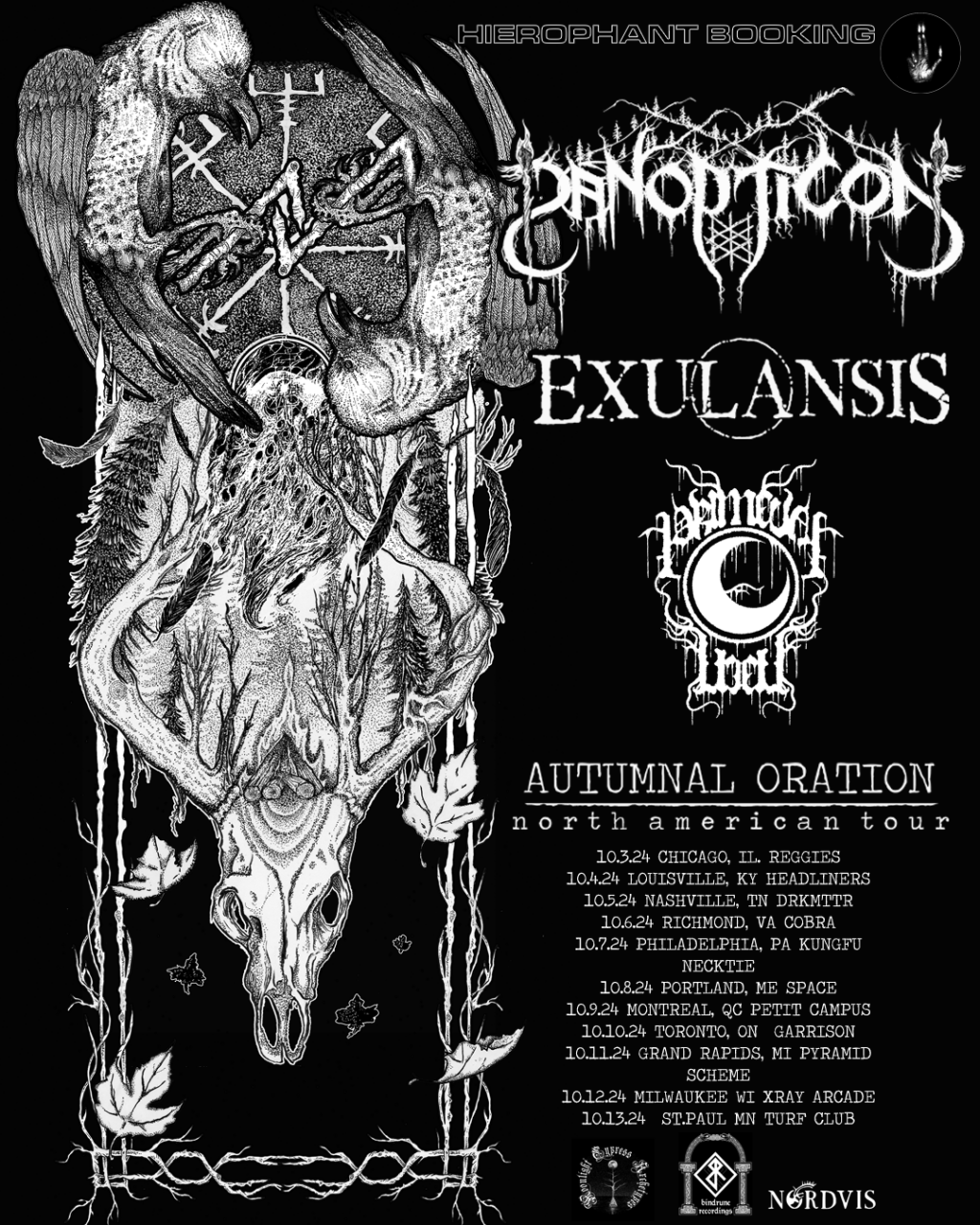 Tour poster for Panopticon's October tour with Exulansis and Primeval Well.