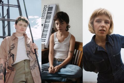 a digital composite of three folk-pop artists — Bloomsday, a nonbinary person with a long brown overshirt, Mali Velasquez, a young woman sitting cross-legged in a wooden chair with a keyboard leaning against the wall behind her, and Dead Gowns, the alias of Geneviève Beaudoin, a woman with short blond hair standing outside at a beach with the clouded sky behind her