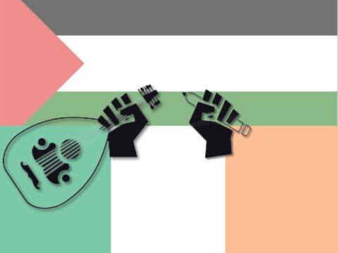 a graphic composite of the Irish and Palestinian flags with two drawn raised fists, one holding a pencil and another holding an oud