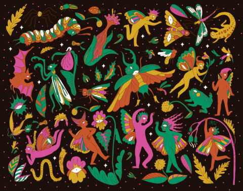 An array of fantastical bugs, plants and faeries in pink, red, green, mustard on a black background