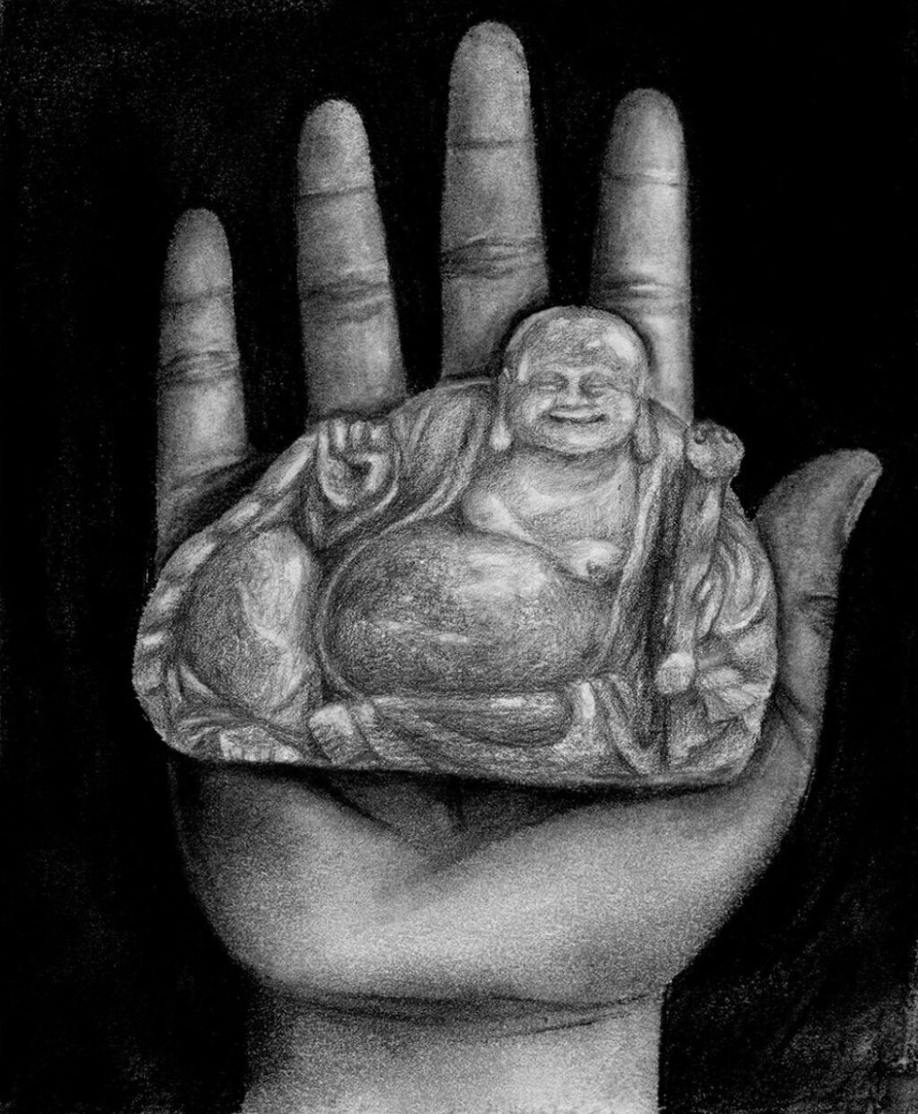 A black and white graphite drawing of a Buddha figure in a hand