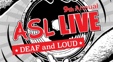 A cropped image from a flyer that prominently features a stylized graphic of a hand turning a vinyl record, with bold red text overlaying the record that reads “ASL LIVE” and “DEAF and LOUD.” The “9th Annual” text is placed in smaller red letters above the “LIVE” text.