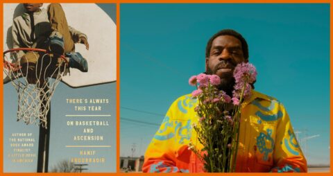 A diptych of the book cover for There's Always This Year set aside a close-up of Hanif holding purple flowers below his chin.