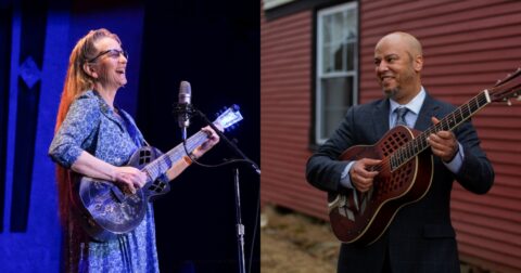 A digital composite showing the guitarist Del Rey, a white woman with long blond hair wearing a blue dress and playing a resonator guitar on a blue-lit stage, and Samuel James, a black man with no hair wearing a suit and playing a guitar outdoors