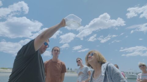 In this still from INVADERS production footage, MIMIC coordinator Jeremy holds up a tub with an European Rock Shrimp (palaemon elegans) in it for volunteers, who gaze longingly at it.