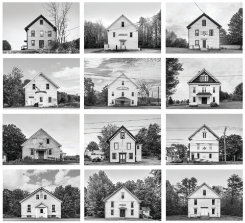 “Collection of Twelve Meeting Halls with Gabel Roofs” Former Arlington Grange no 528, Whitefield, ME. Evening Star Grange no 183, Washington, ME. South Sangerville Grange no 335, South Sangerville, ME. Gov. Brooks Odd Fellows Hall no 142, Brooksville, ME. Mystic Tie Grange no 58, Kenduskeag, ME. Valley Grange no 144, Guilford, ME. Former Grange Eastern Star no 1, Hampden, ME. Vernon Valley Masonic Lodge no 99, Mt. Vernon, ME. Pleiades Masonic Lodge no 173, Milbridge, ME. Castine Grange no 250, Castine, ME. Union Hall, Vienna, ME. Former Progressive Grange no 513,Winslows Mills, ME. Archival Digital Pigment Print on Canson Infinity Rag Size: 30” H x 30” W Date: 2024