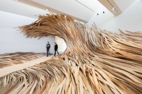 Hubris, Atë, Nemesis, 2019, 50’x50’x20,’ wood. Commissioned by The Center for Maine Contemporary Art, Rockland, ME. This work was made with support from the Ellis-Beauregard Foundation. Copyright: Stephen B. Nguyen and Wade Kavanaugh. Photo credit: Dave Clough Photography. This work was made in the tradition of Maine landscape painting, meant to capture a suspended moment of the dynamism in the local landscape.